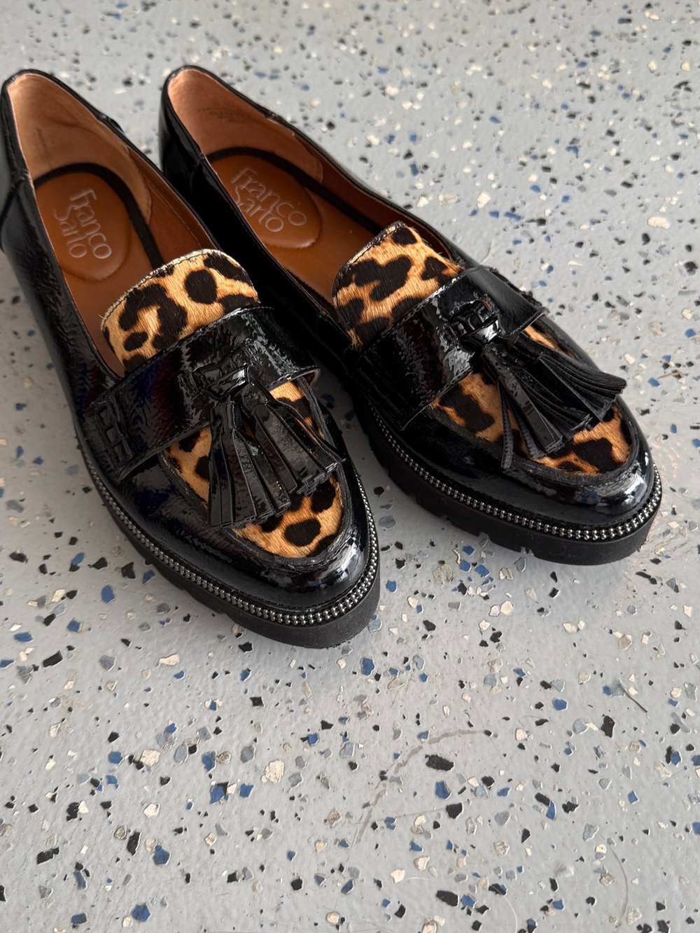 Franco Sarto Black Patent Tassel Loafers with Leopard Print Size 6